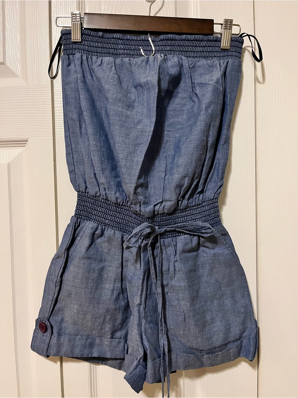 Forever 21 Blue Chambray Strapless Romper with Drawstring Waist
